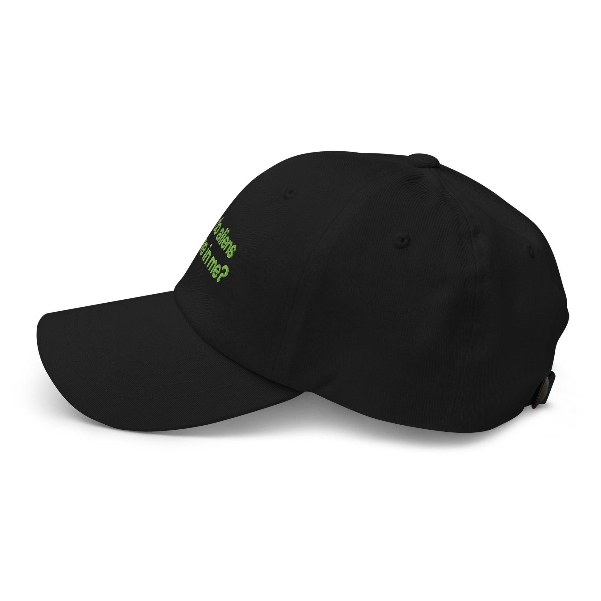 BUT DO ALIENS BELIEVE IN ME? embroidered cap in Black, left side view