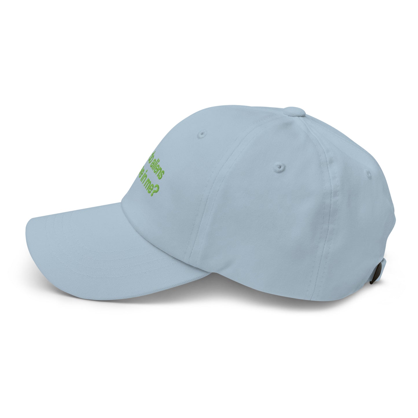 BUT DO ALIENS BELIEVE IN ME? embroidered cap in Light Blue, left side view