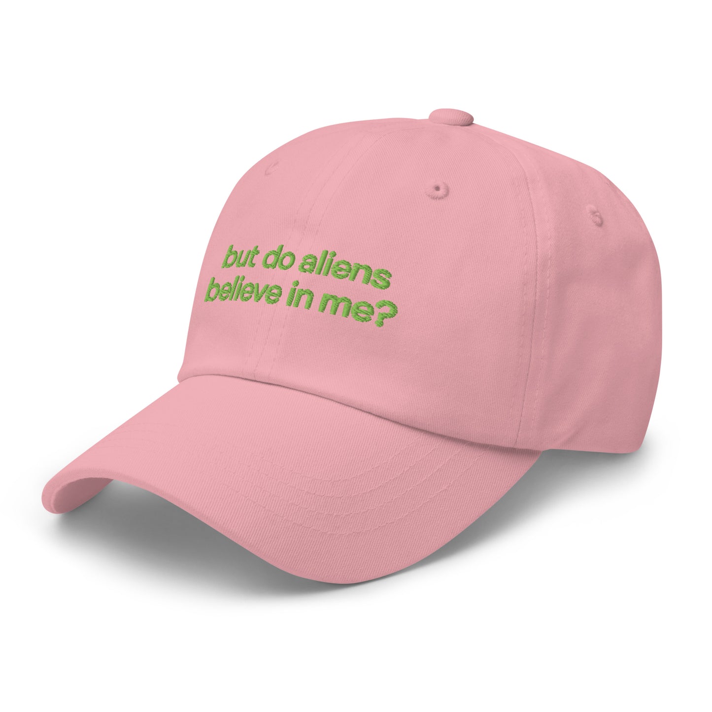 BUT DO ALIENS BELIEVE IN ME? embroidered cap in Pink, left three-quarter view