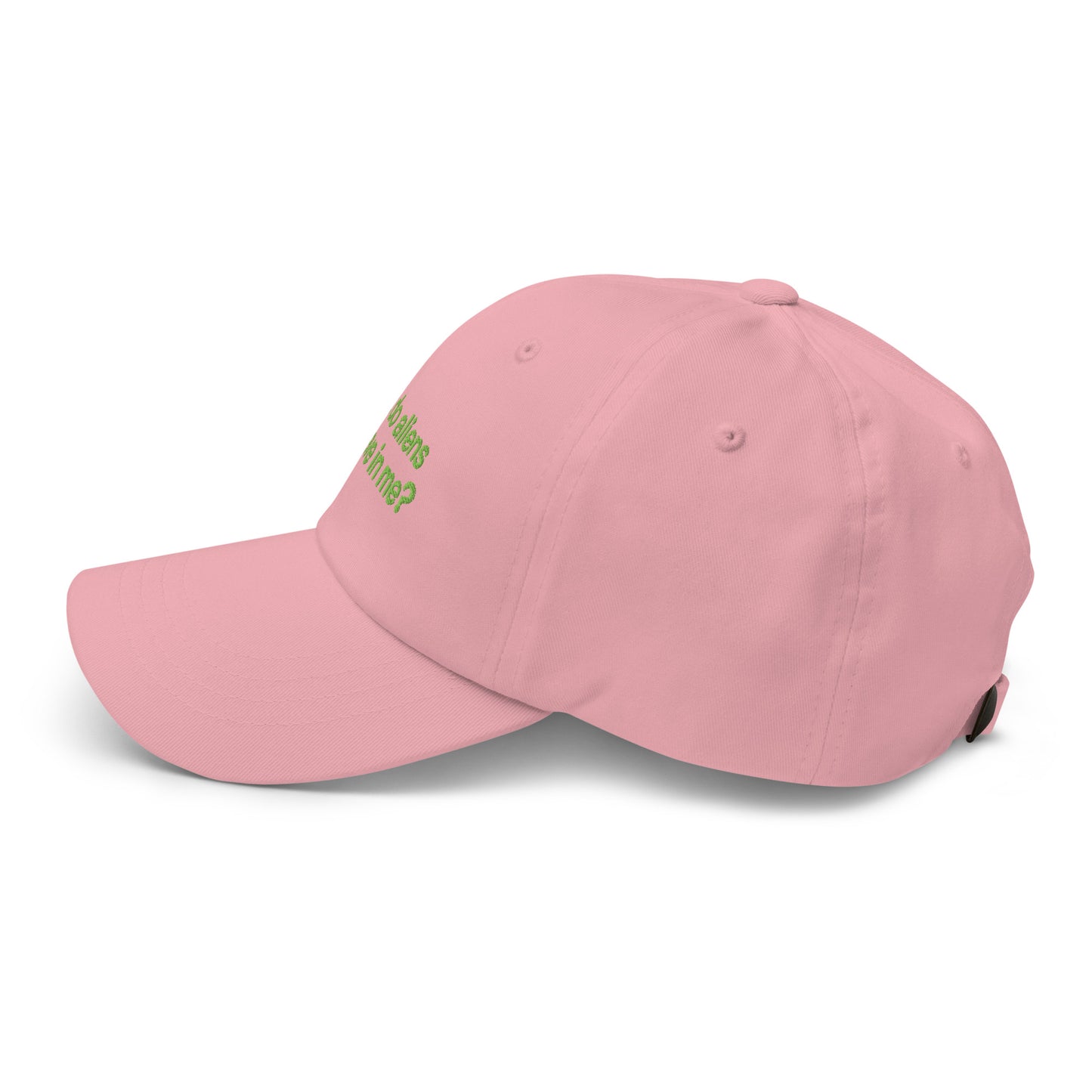 BUT DO ALIENS BELIEVE IN ME? embroidered cap in Pink, left side view