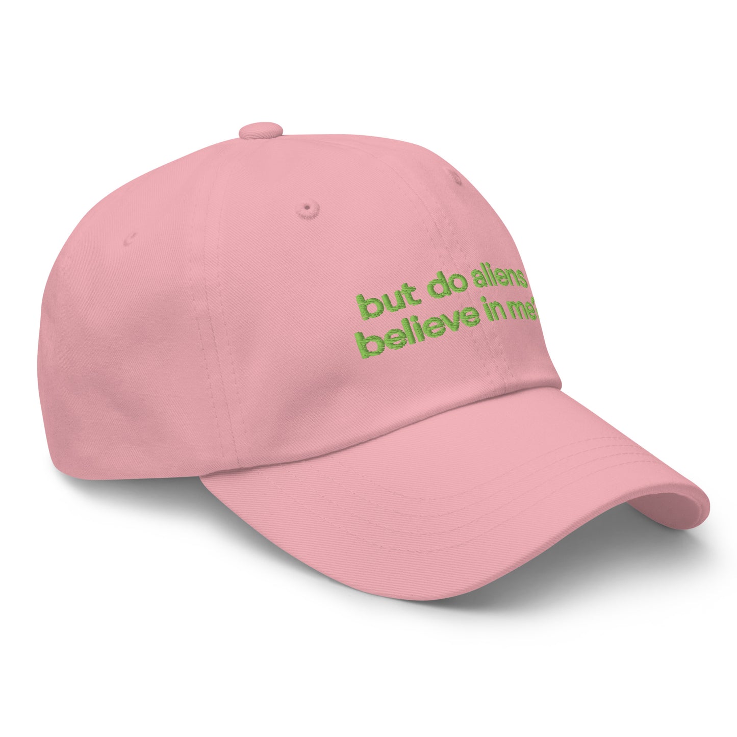 BUT DO ALIENS BELIEVE IN ME? embroidered cap in Pink, right three-quarter view