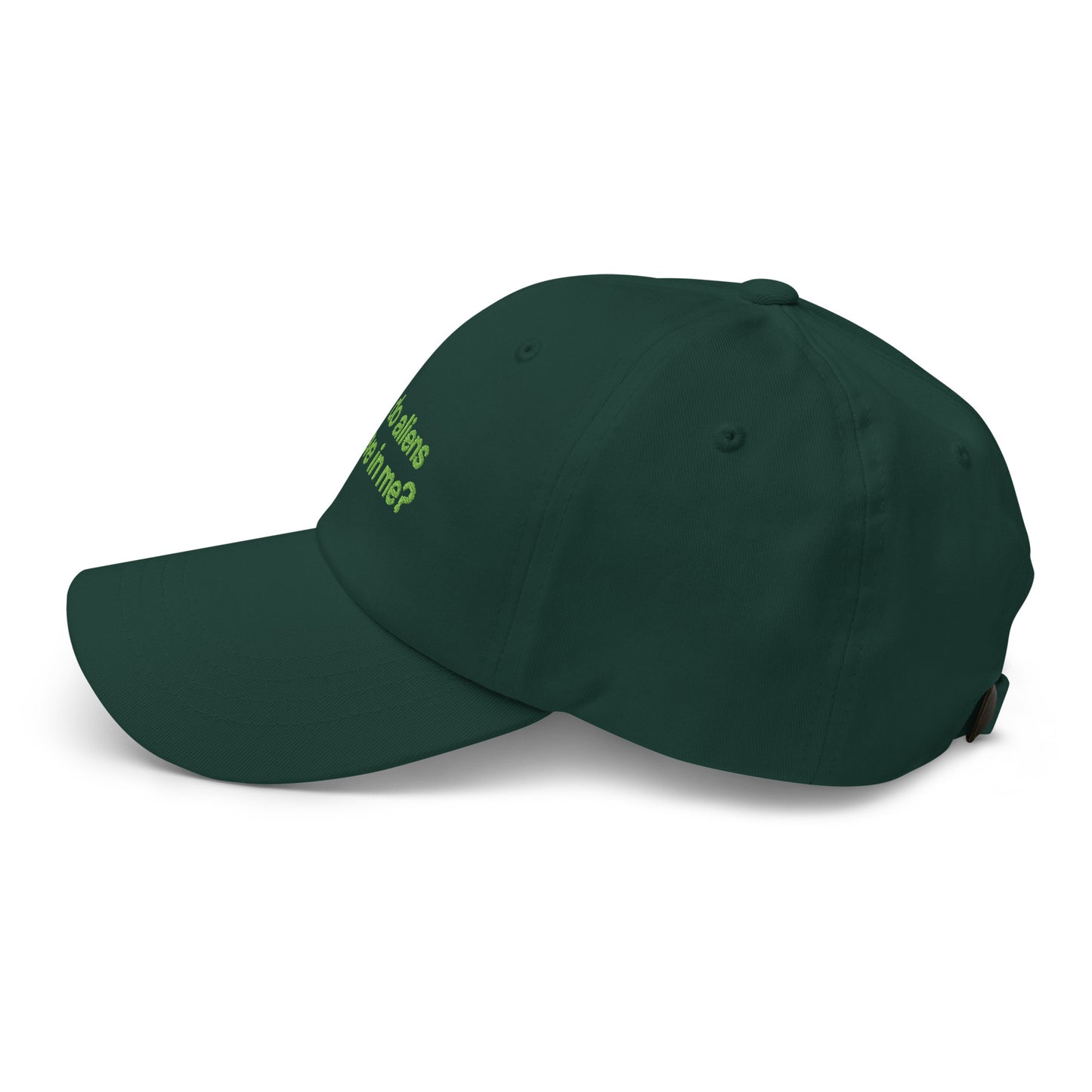 BUT DO ALIENS BELIEVE IN ME? embroidered cap in Spruce, left side view
