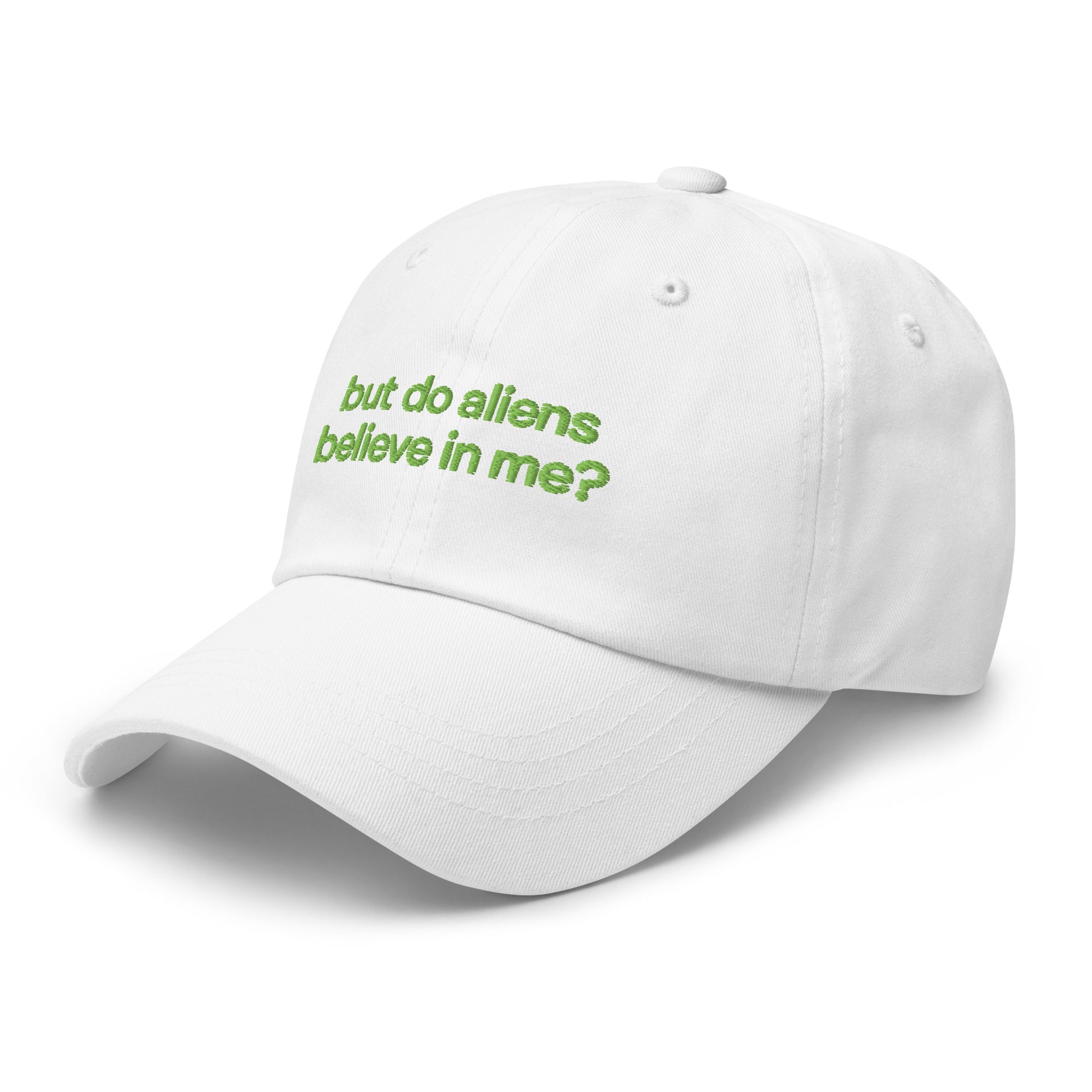 BUT DO ALIENS BELIEVE IN ME? embroidered cap in White, left three-quarter view