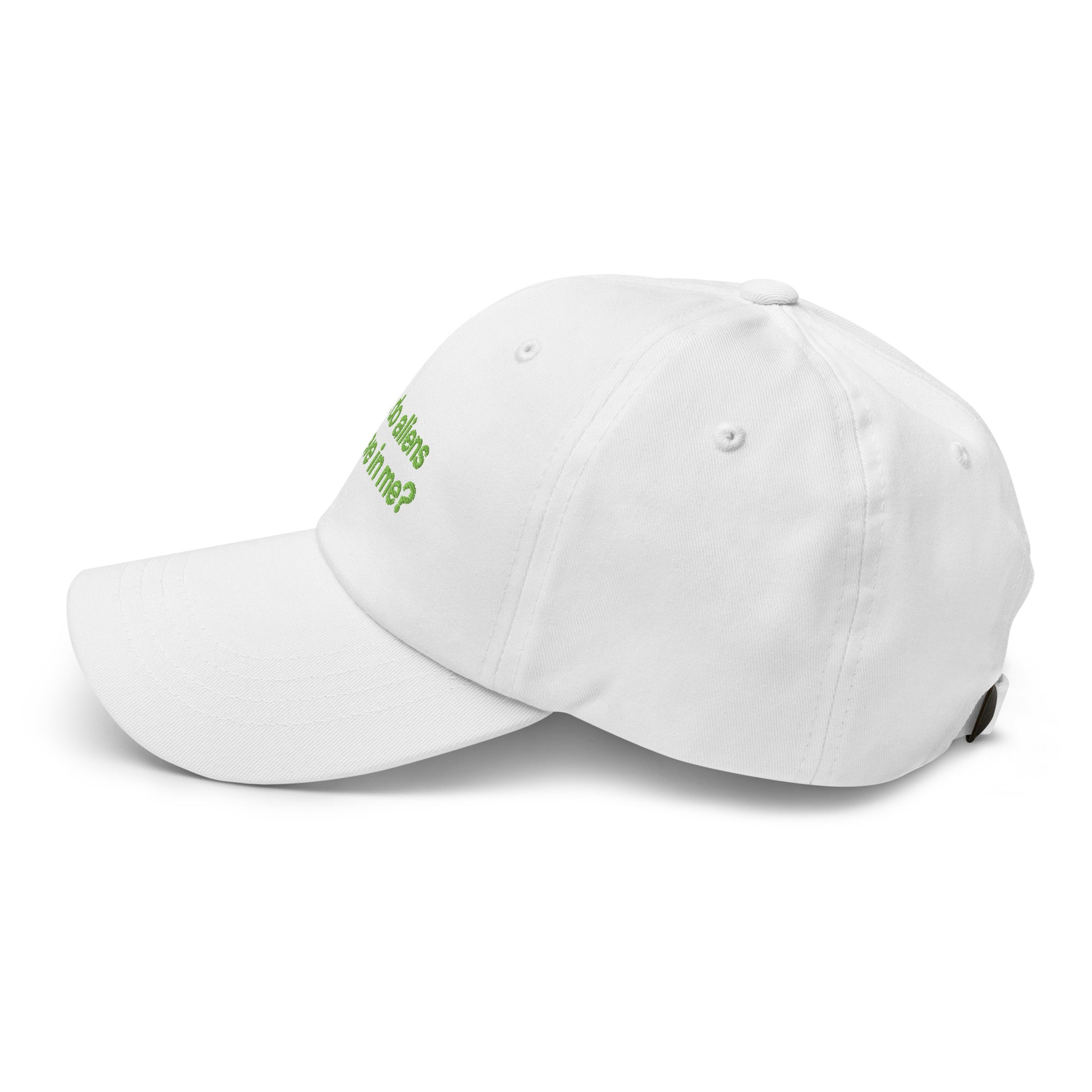 BUT DO ALIENS BELIEVE IN ME? embroidered cap in White, left side view