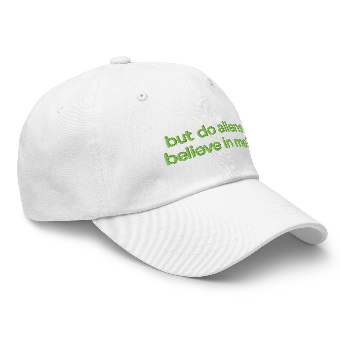 BUT DO ALIENS BELIEVE IN ME? embroidered cap in White, right three-quarter view