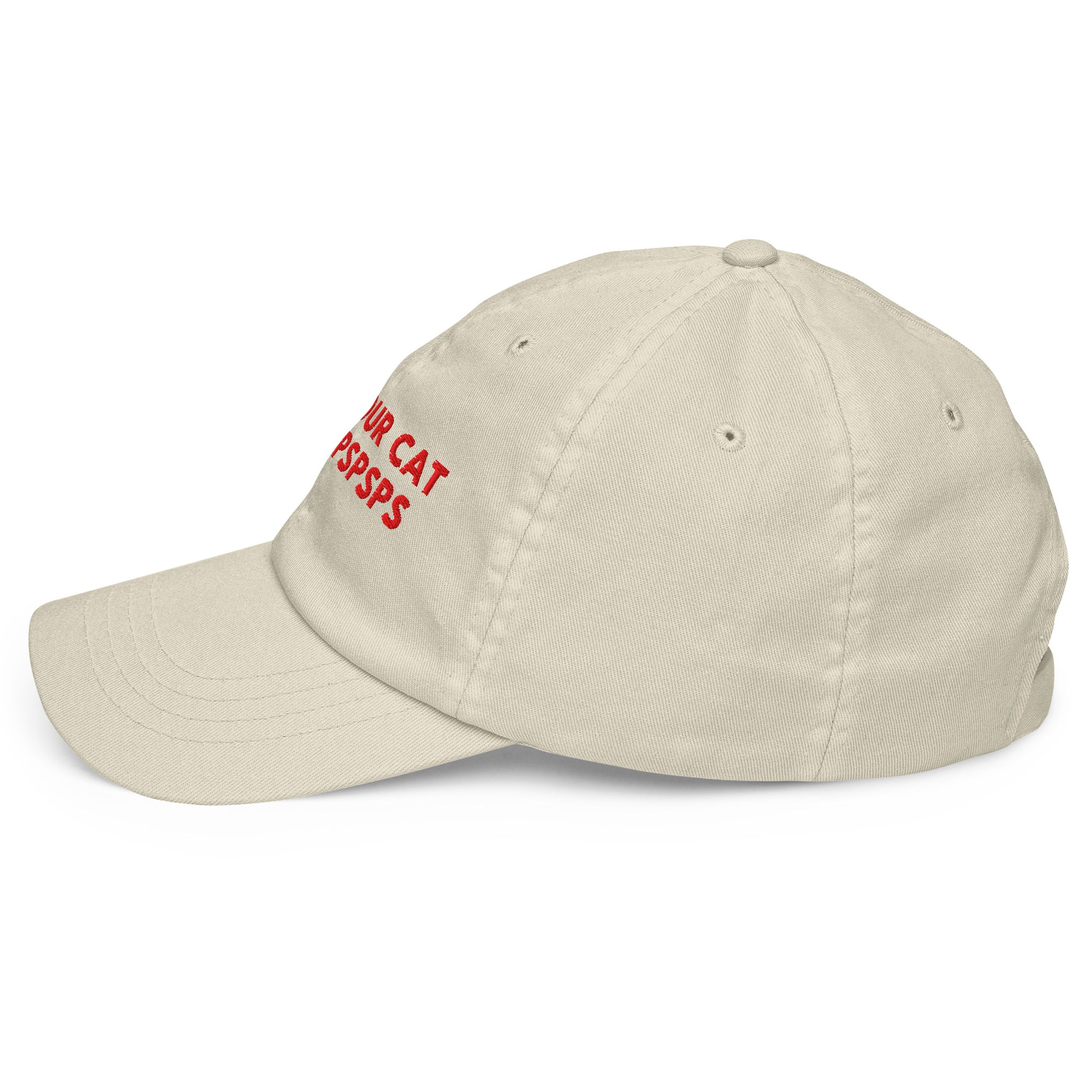 TELL YOUR CAT I SAID PSPSPS embroidered cap in Beige, left side view