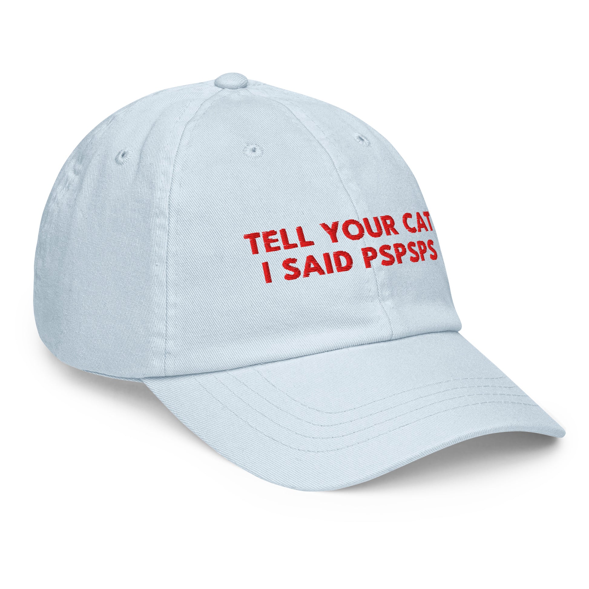 TELL YOUR CAT I SAID PSPSPS embroidered cap in Pastel Blue, right three-quarter view