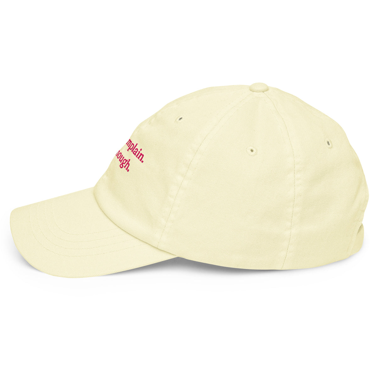 CAN'T COMPLAIN. WILL THOUGH. embroidered cap in Pastel Lemon, left side view