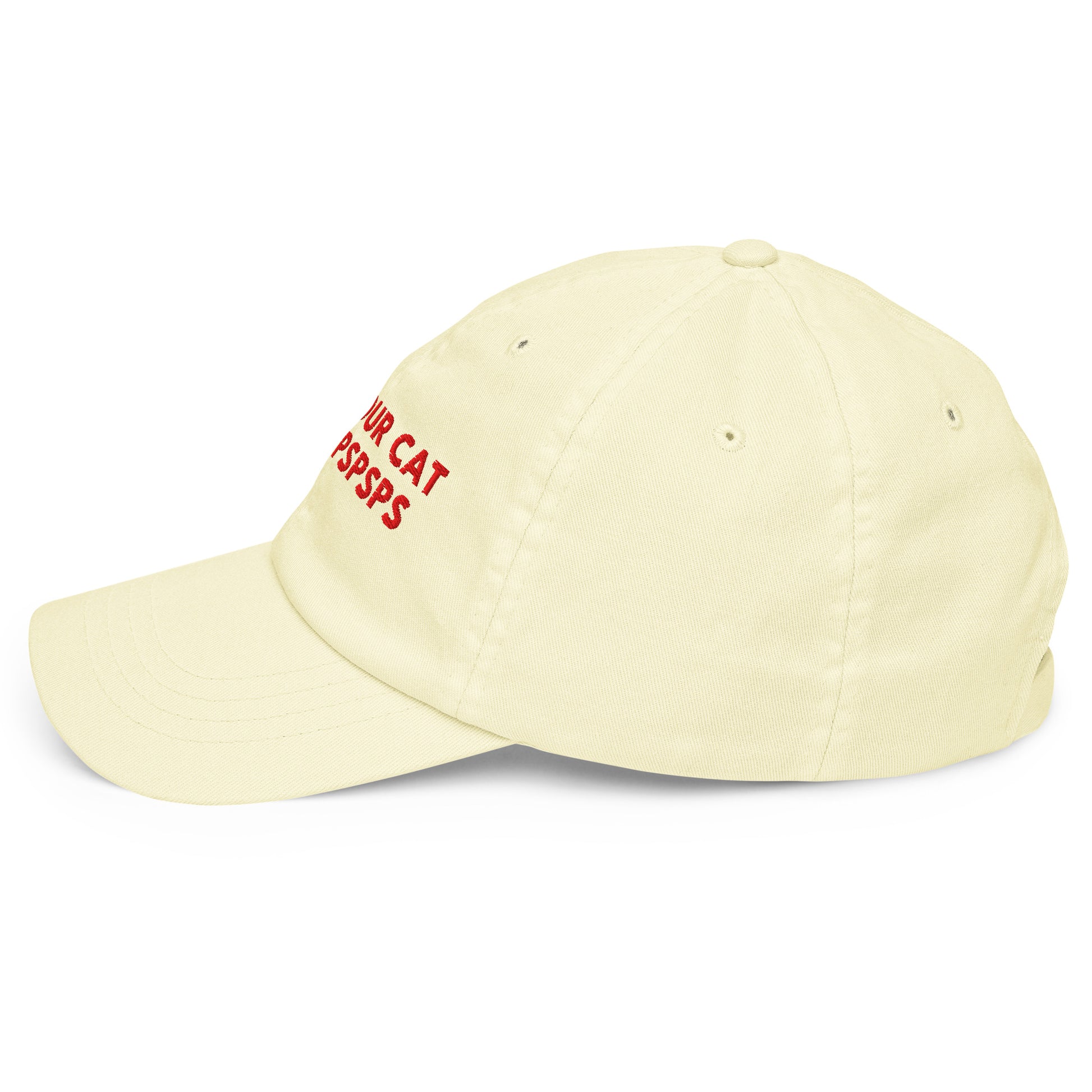 TELL YOUR CAT I SAID PSPSPS embroidered cap in Pastel Lemon, left side view