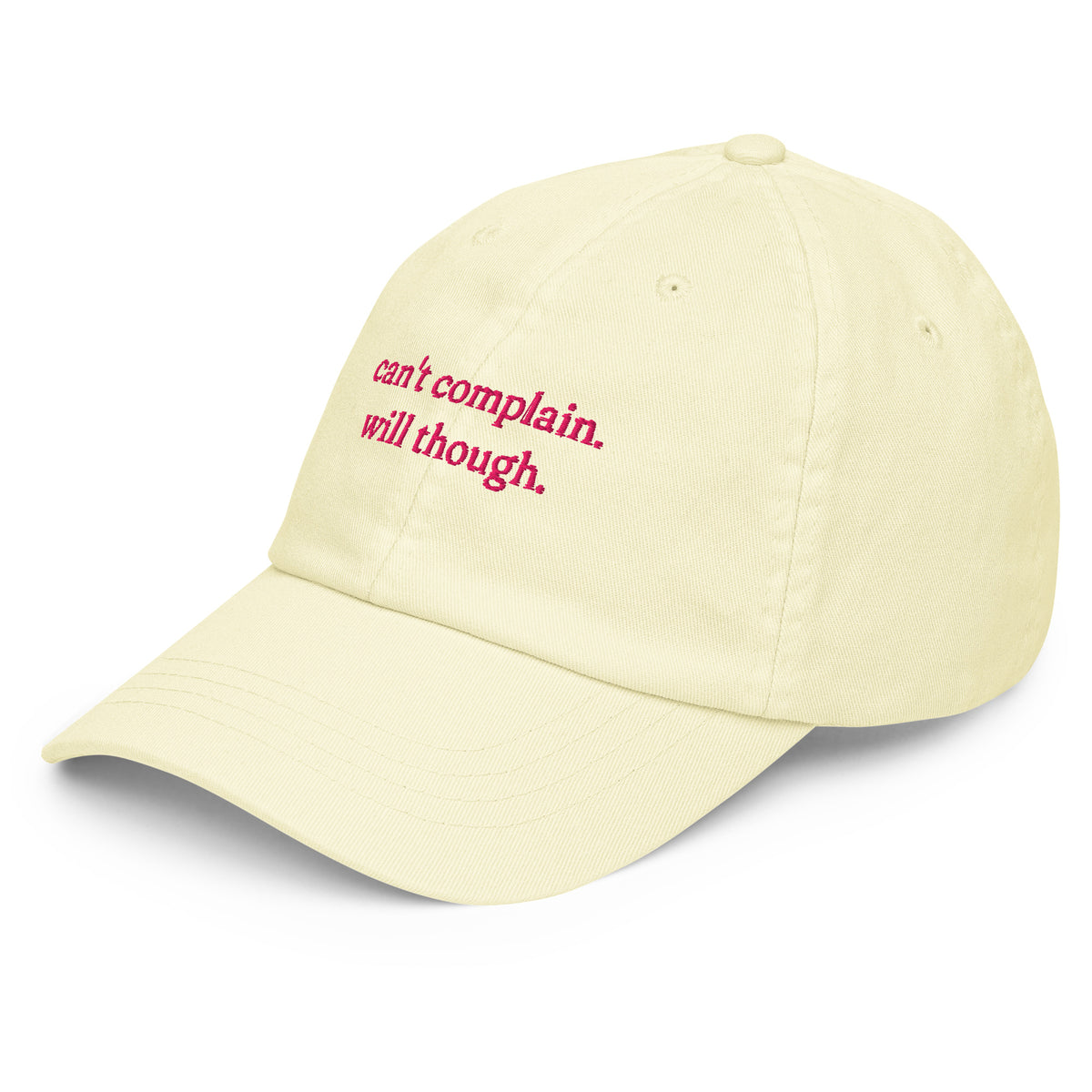 CAN'T COMPLAIN. WILL THOUGH. embroidered cap in Pastel Lemon, left three-quarter view