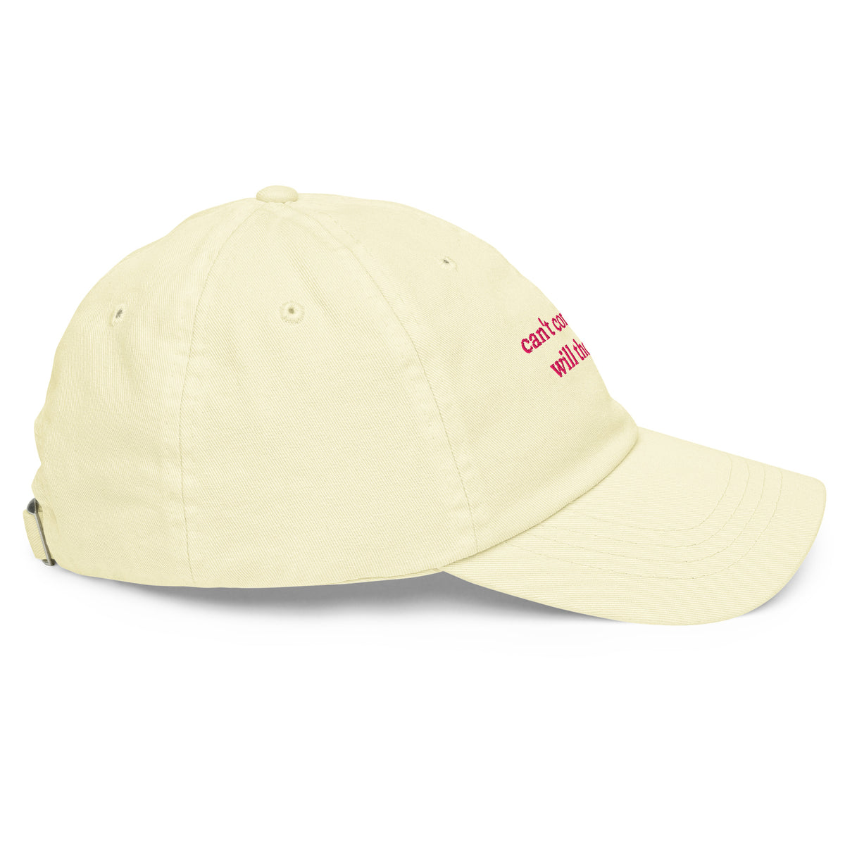 CAN'T COMPLAIN. WILL THOUGH. embroidered cap in Pastel Lemon, right side view
