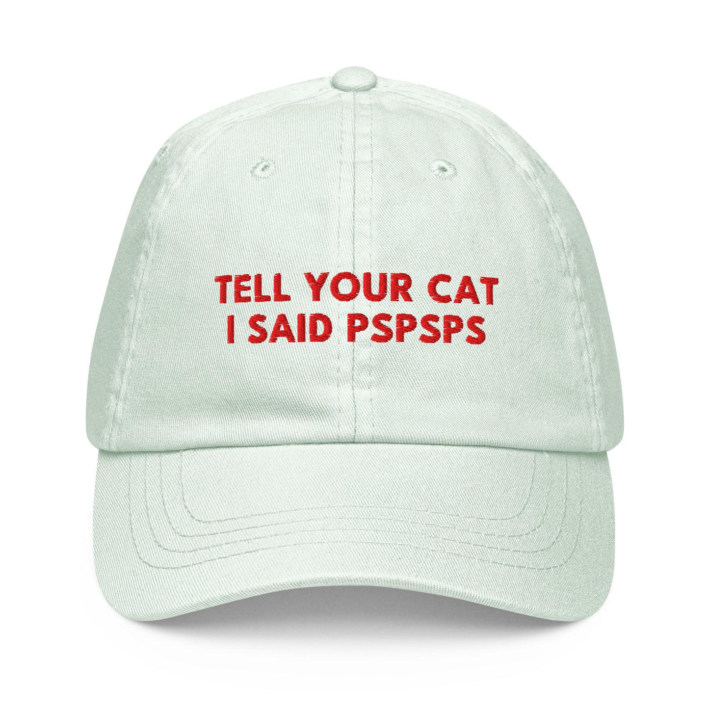 TELL YOUR CAT I SAID PSPSPS embroidered cap in Pastel Mint, front view