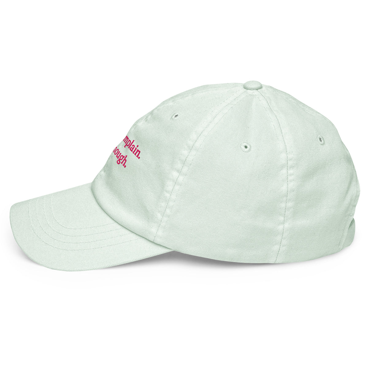 CAN'T COMPLAIN. WILL THOUGH. embroidered cap in Pastel Mint, left side view