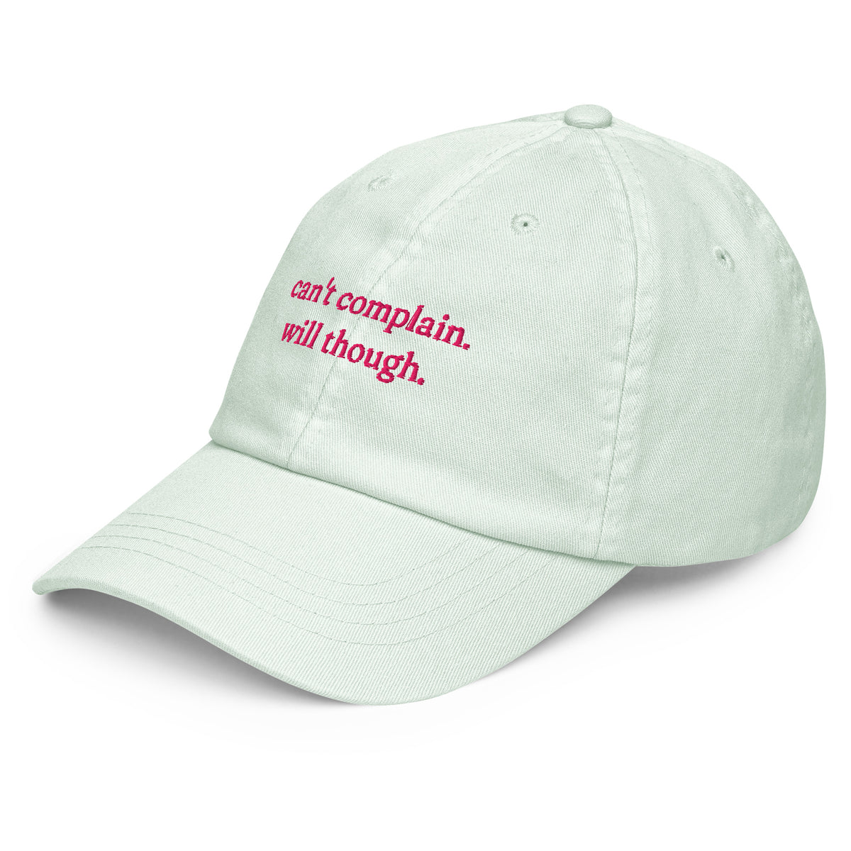 CAN'T COMPLAIN. WILL THOUGH. embroidered cap in Pastel Mint, left three-quarter view