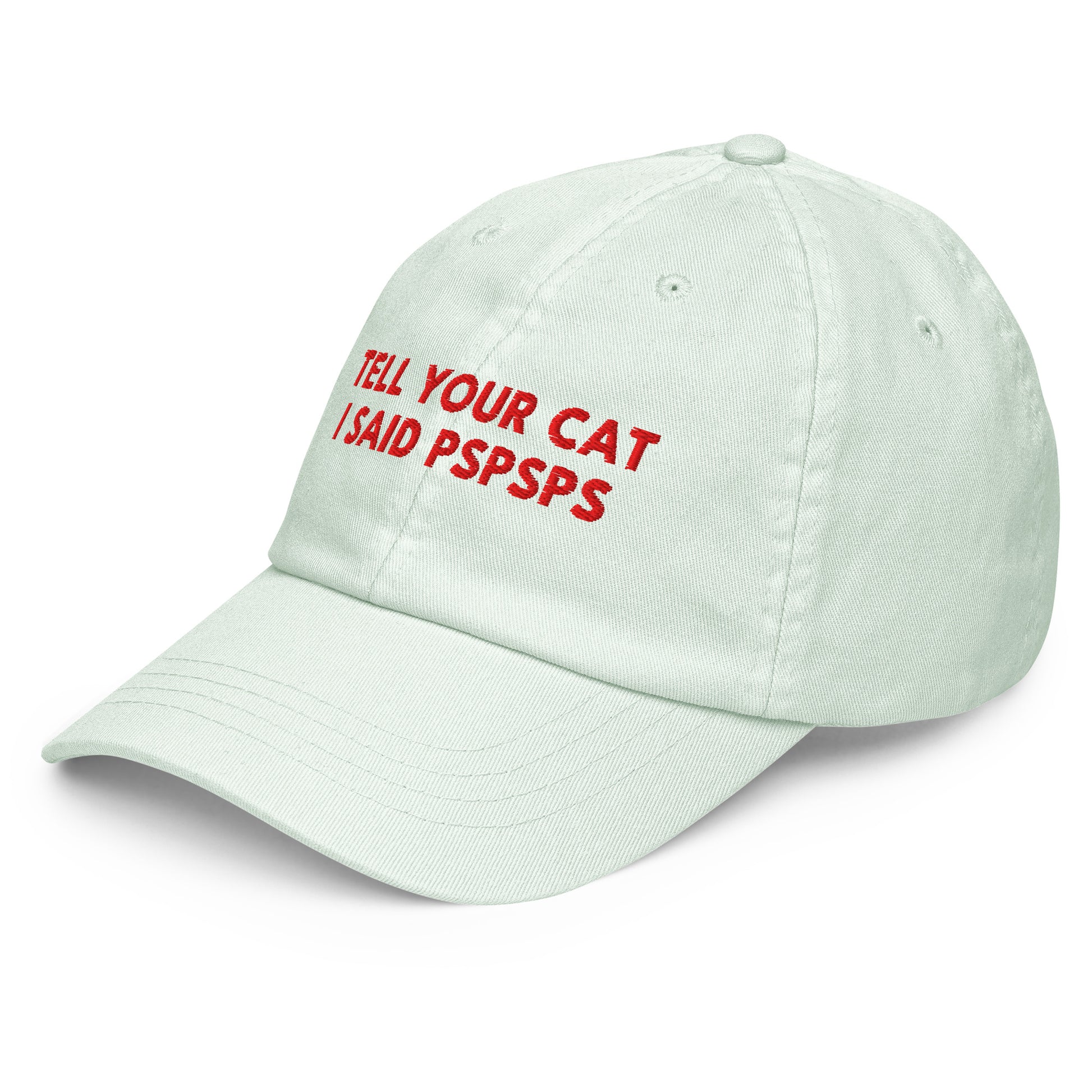 TELL YOUR CAT I SAID PSPSPS embroidered cap in Pastel Mint, left three-quarter view