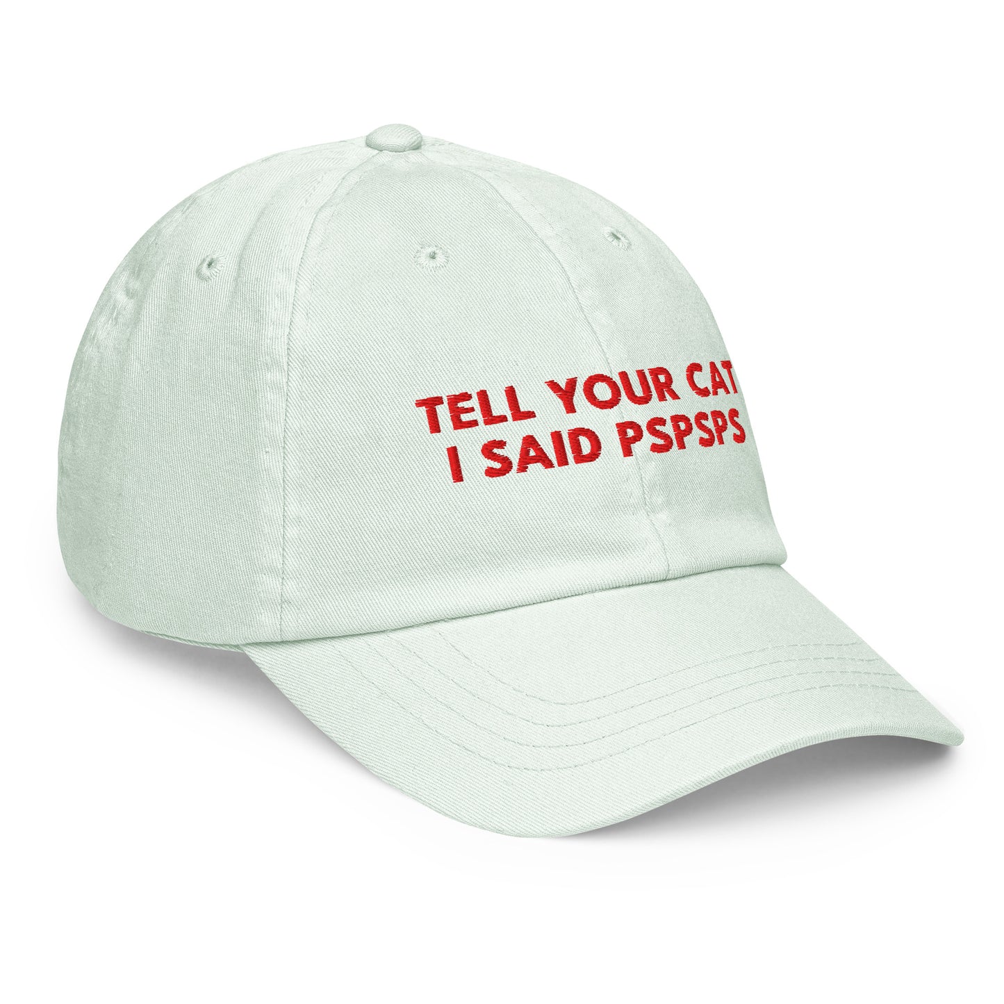 TELL YOUR CAT I SAID PSPSPS embroidered cap in Pastel Mint, right three-quarter view