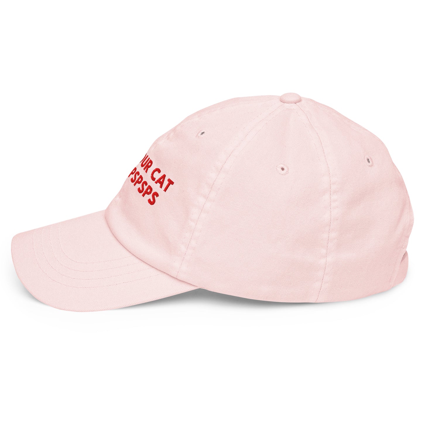 TELL YOUR CAT I SAID PSPSPS embroidered cap in Pastel Pink, left side view