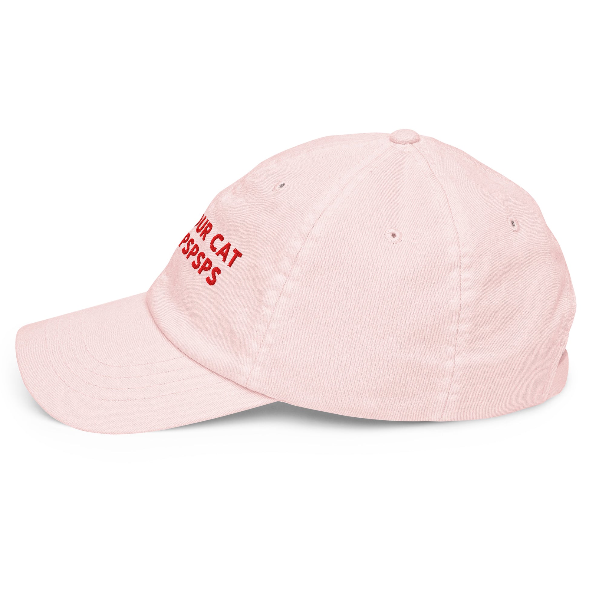 TELL YOUR CAT I SAID PSPSPS embroidered cap in Pastel Pink, left side view