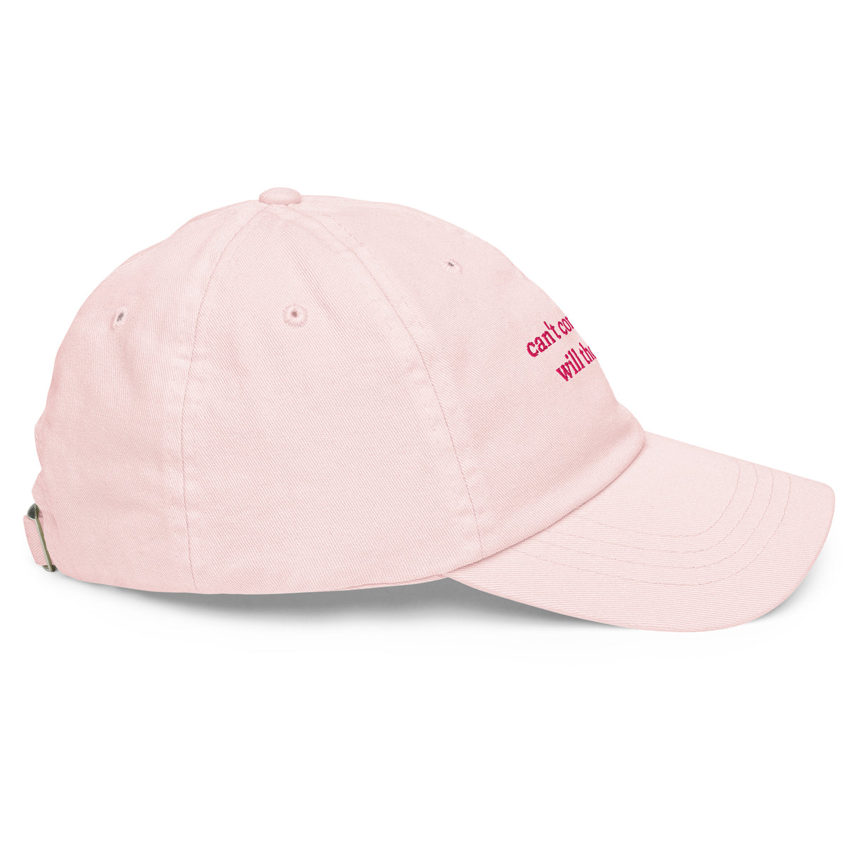CAN'T COMPLAIN. WILL THOUGH. embroidered cap in Pastel Pink, right side view